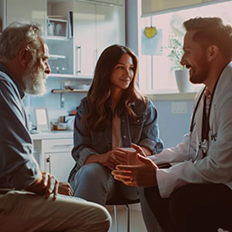 a doctor talking to two persons
