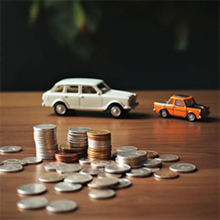 stacked and loose coins with toy cars on the table