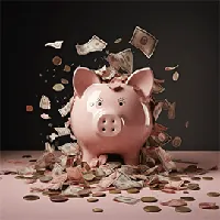 pig coin bank with coins scattered all over the place