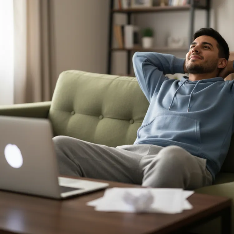 Man in blue hoodie relaxing on green sofa with laptop on coffee table in cozy living room