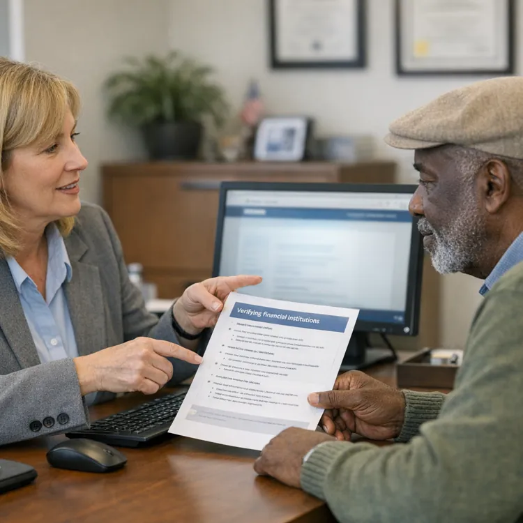 Woman in suit and senior man discussing paperwork at an office desk