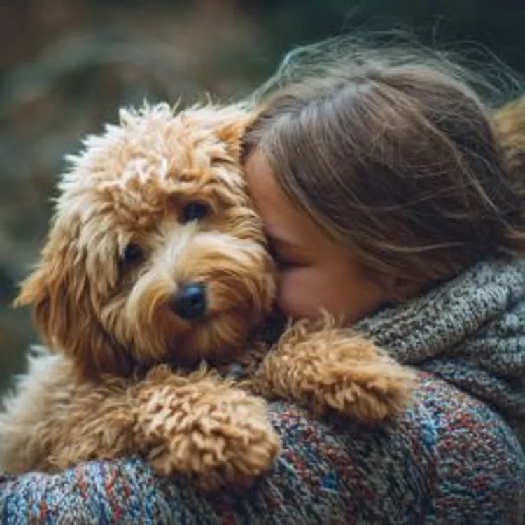 girl cuddling a dog