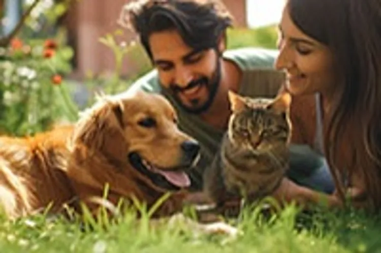 a couple playing with a golden retriever and a cat