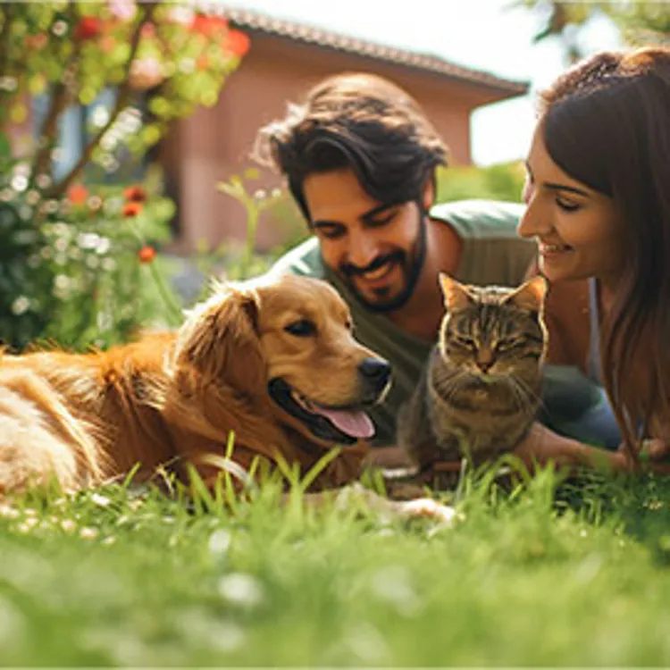 a couple playing with a golden retriever and a cat