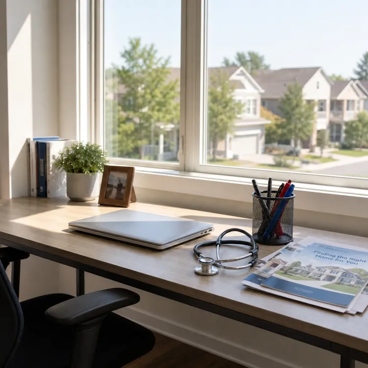 Desk with laptop, stethoscope, papers, and pen holder by a sunny window overlooking houses