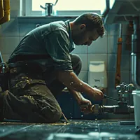 a plumber fixing a pipe inside a bathroom