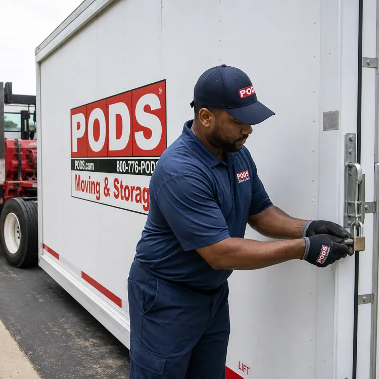 Worker locking a PODS moving and storage container on a suburban street