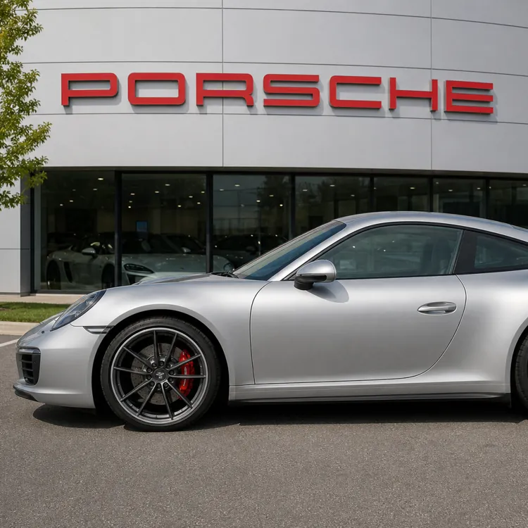 Silver Porsche coupe parked in front of a Porsche dealership building and sign
