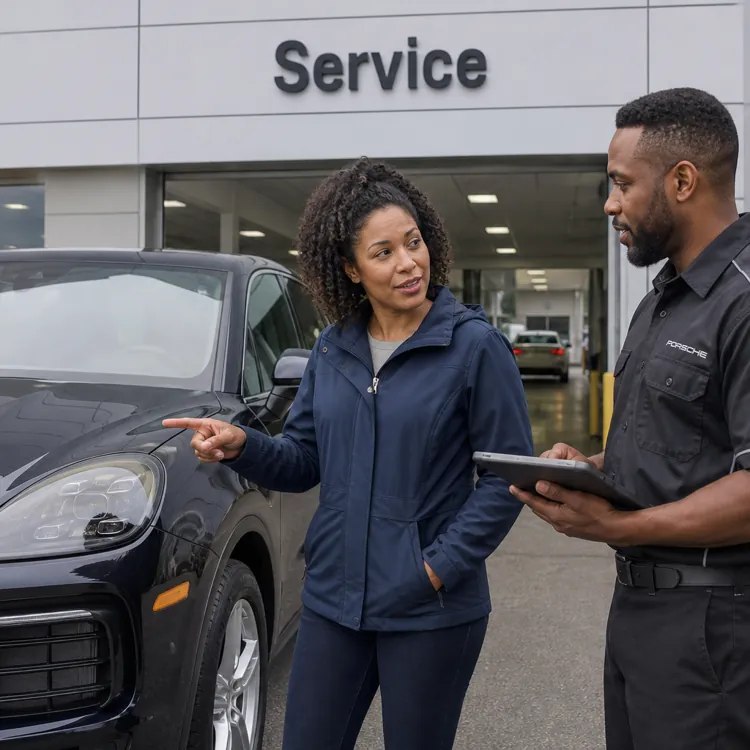 Woman talking to a service employee next to a black Porsche SUV outside a service center