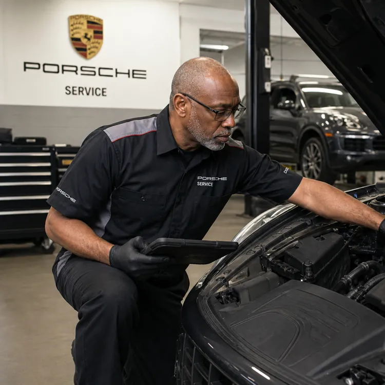 Mechanic inspecting the engine of a Porsche vehicle in a service center garage