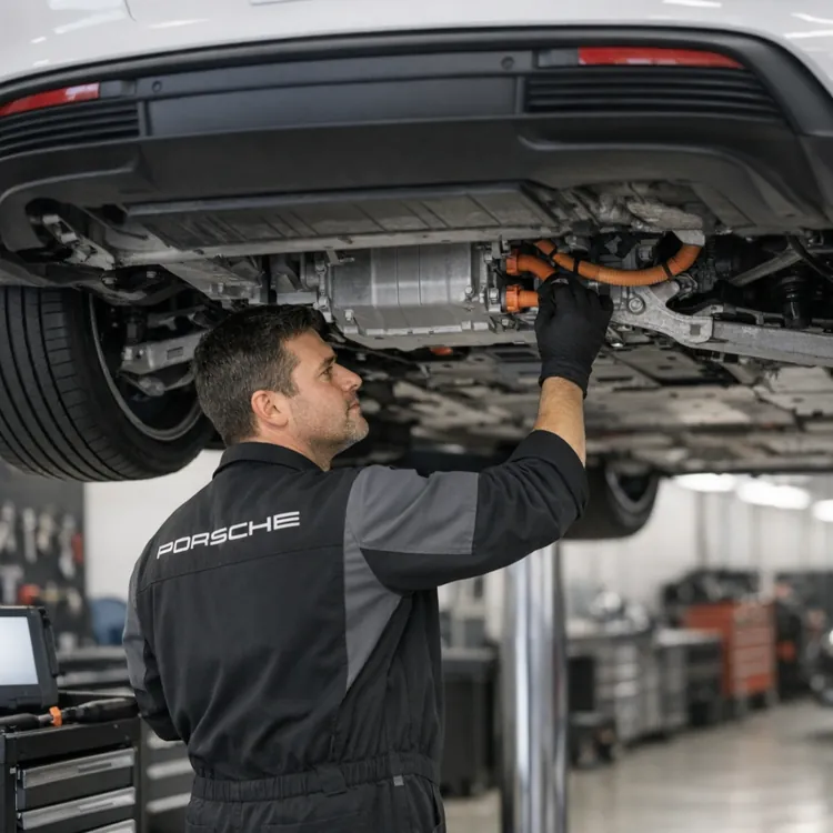 Mechanic inspects underside of raised car in a service center