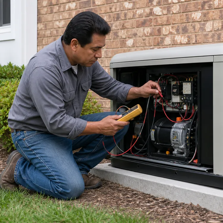 Technician using a multimeter to test a standby generator outside a brick house