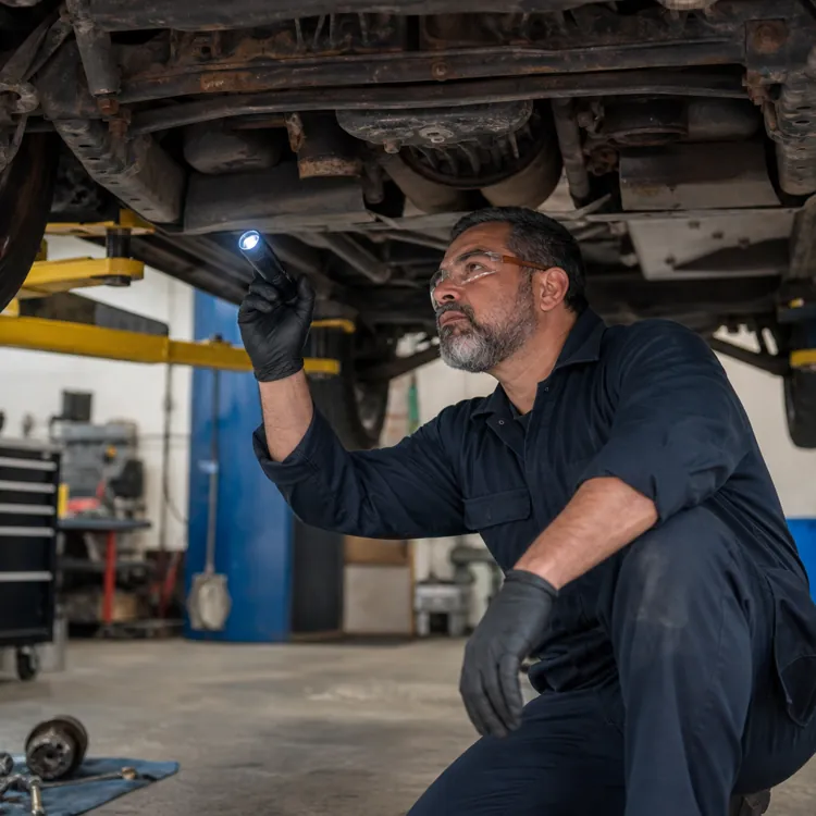 A mechanic checks a car’s underside during a routine inspection at an auto repair shop.