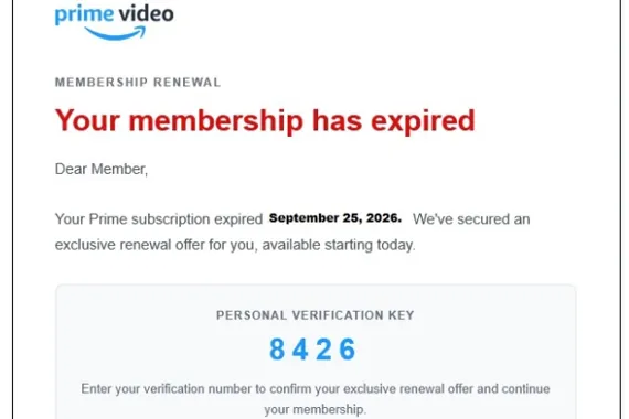 Prime Video membership renewal email with verification key and popular show banners at the top