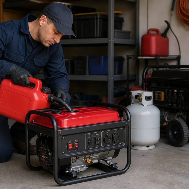 Man filling a portable generator with fuel from a red gas can in a garage