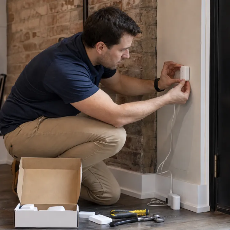 Man kneeling while installing a small device on a wall near a glass door
