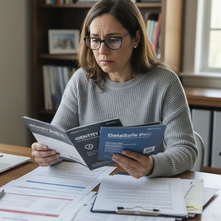Woman wearing glasses reading a brochure at a desk with a laptop, smartphone, and documents in a home office setting.