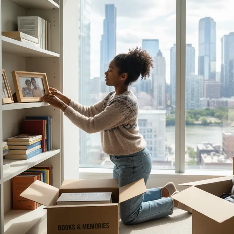 Person kneeling and placing a framed photo on a bookshelf in a bright apartment with large windows showing a cityscape.
