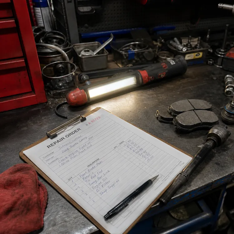 Workbench with car parts, tools, and a repair order clipboard in an auto shop