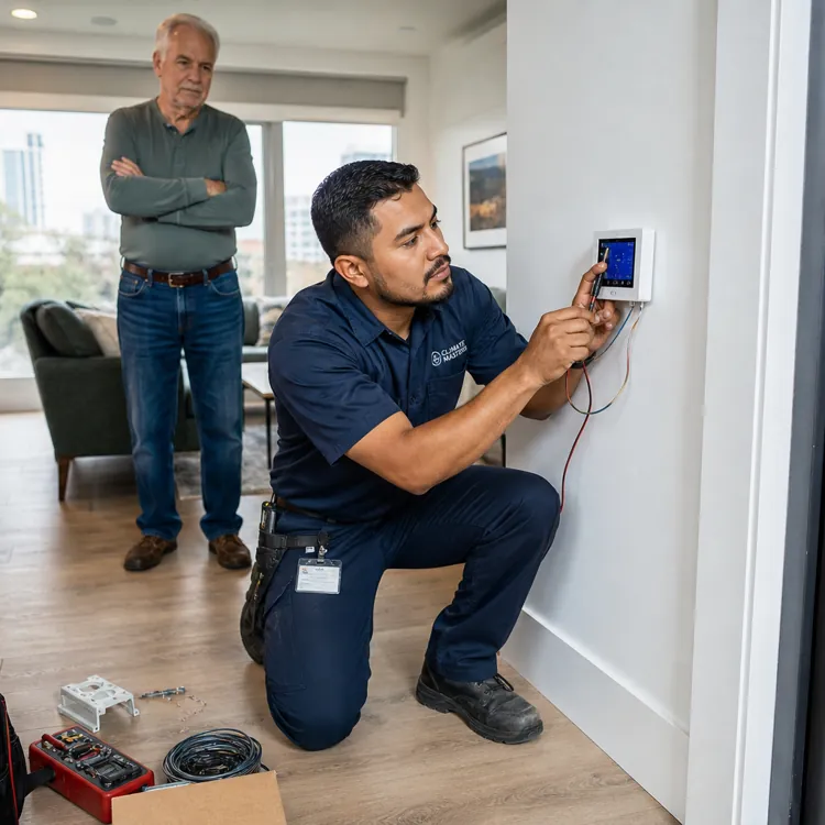 Technician installing a thermostat on a wall while an older man observes in a modern living room