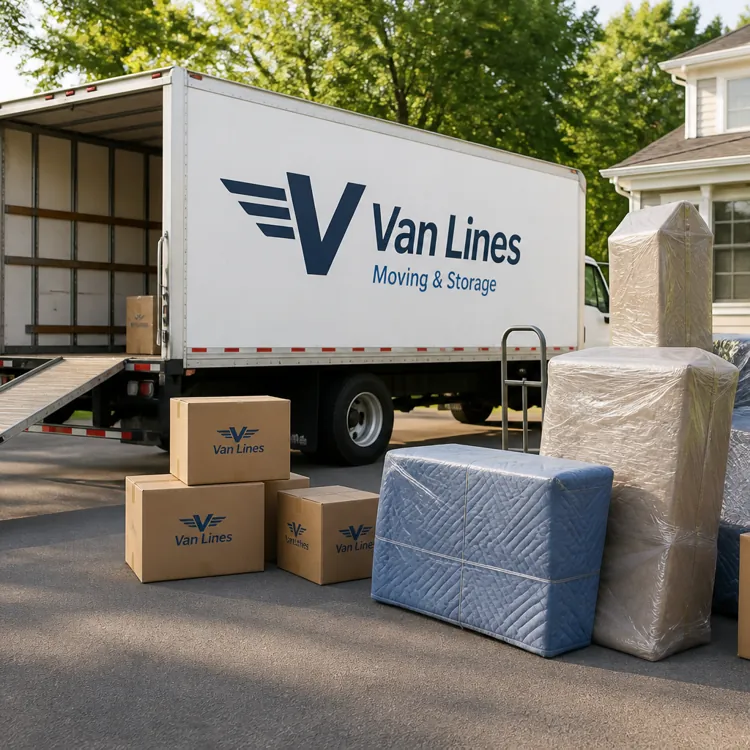 Moving truck parked in front of a house with packed boxes and wrapped furniture on the driveway