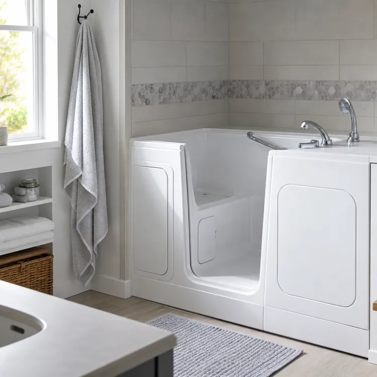 Modern bathroom with a walk-in tub, towels, and natural light from a window