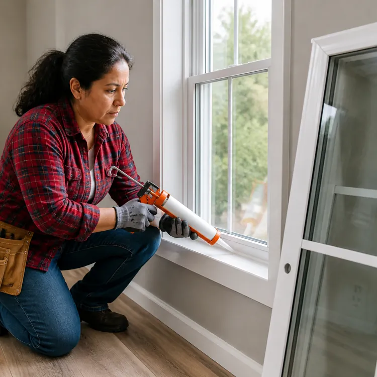 Person kneeling by a window using a caulking gun with a tool belt in a home office setting