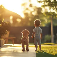 a child and dog outside a suburban house