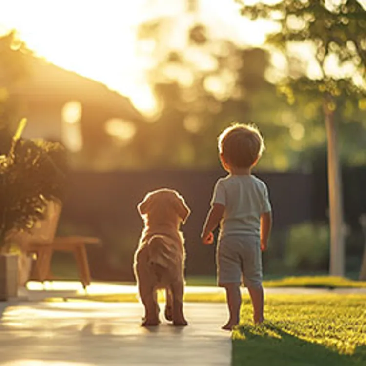 a child and dog outside a suburban house