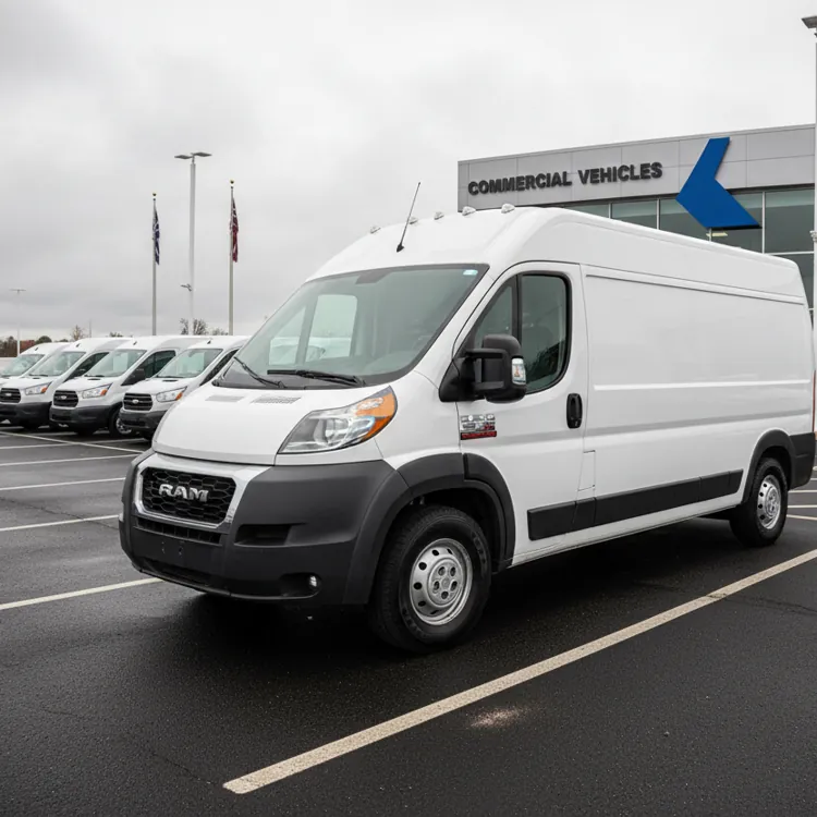 white cargo van parked at a dealership lot with other vans and a commercial vehicles sign