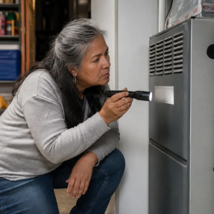 Older woman kneeling in garage inspecting furnace with flashlight