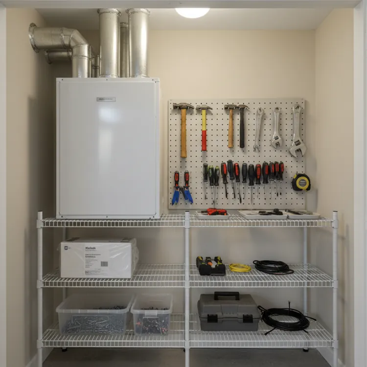 organized utility room with tools on pegboard, white shelves, and hvac unit