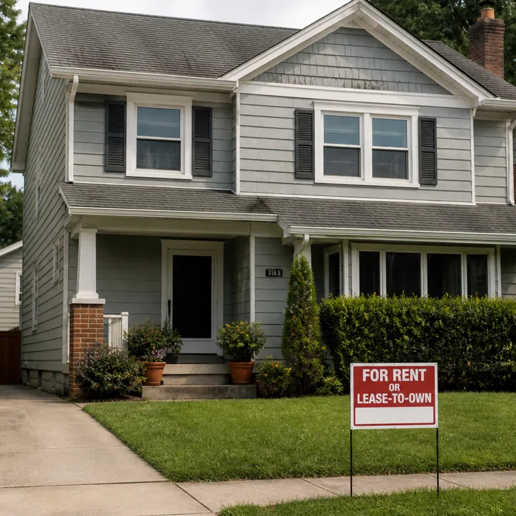 Gray two story house with for rent or lease to own sign on green lawn