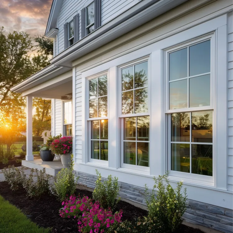 White house exterior with large windows, a front porch, and flower beds at sunset
