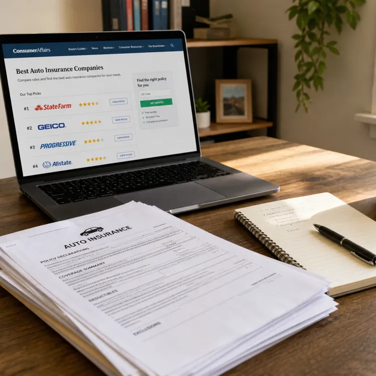 Laptop displaying auto insurance comparison, papers, notebook, phone, and coffee on a desk