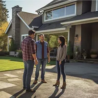 people standing and talking in front of residential building