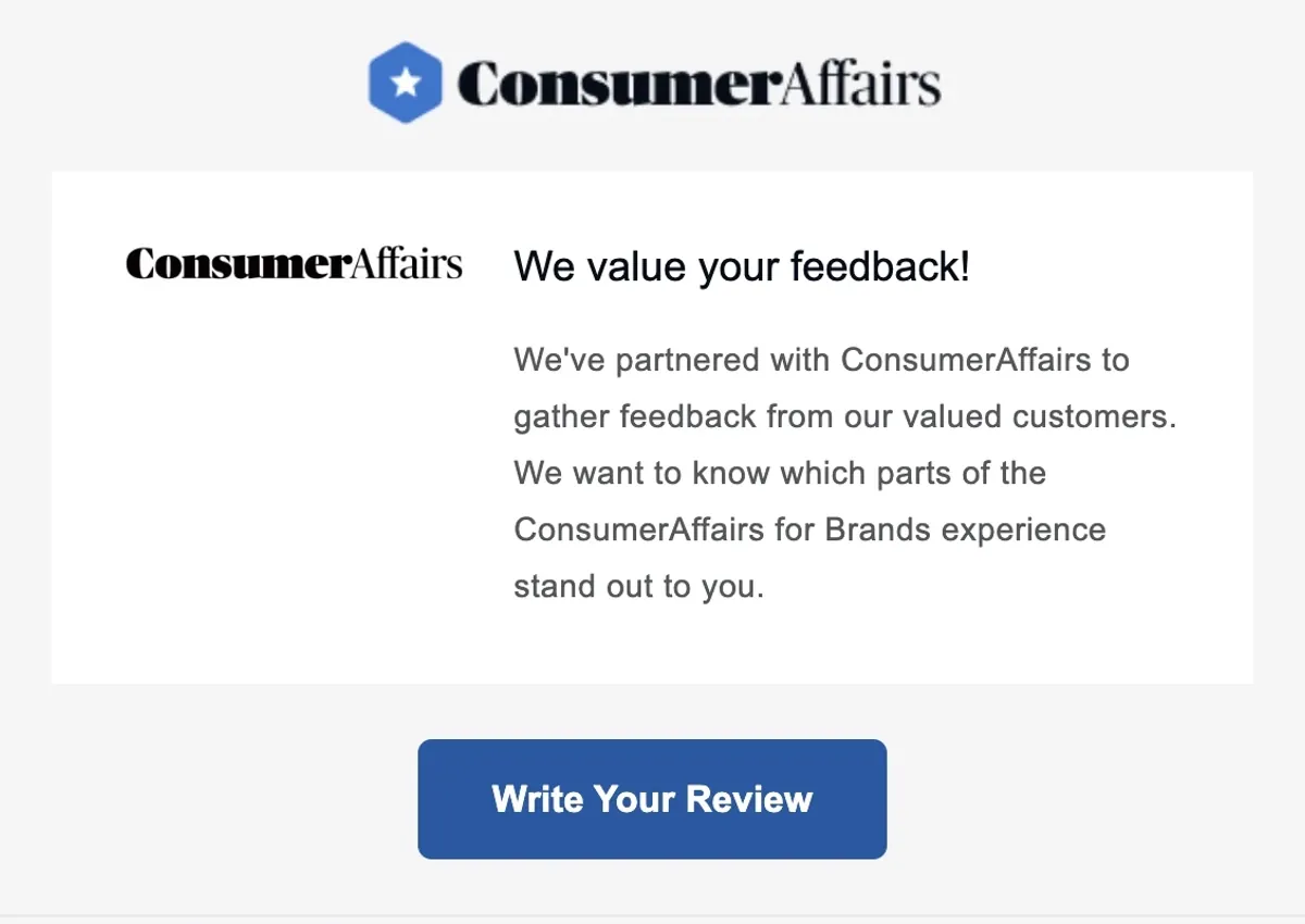 A ConsumerAffairs-branded email asking a past customer for feedback, with a single 'Write Your Review' call to action.