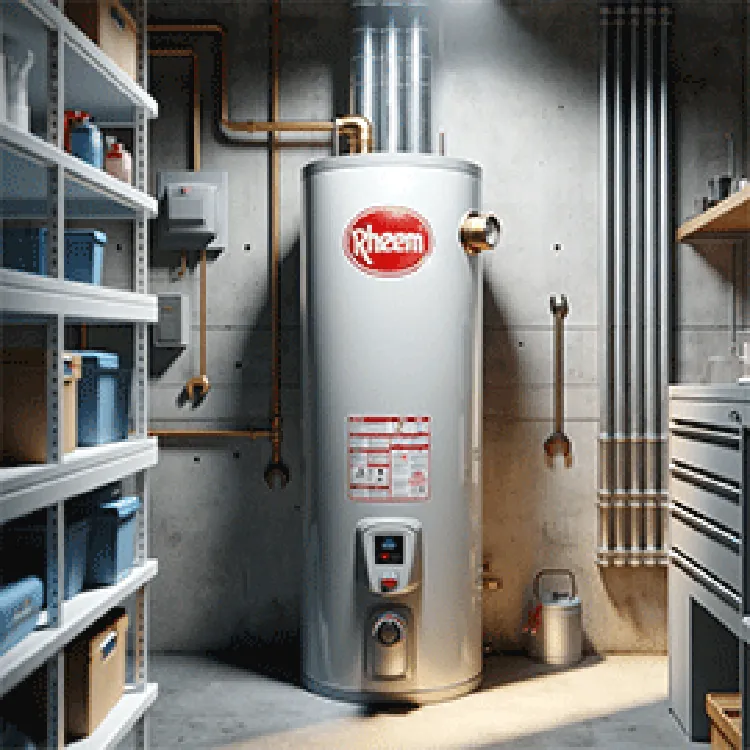 rheem water heater in a utility room