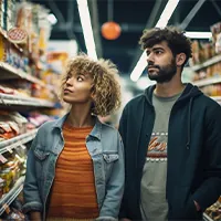 two people looking at grocery items