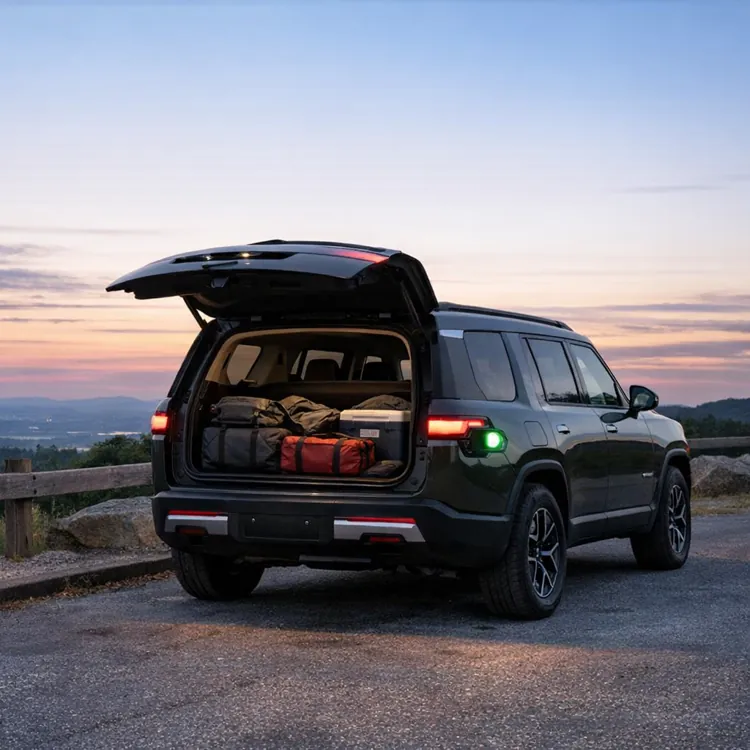 SUV with open trunk packed with bags parked by a scenic overlook at sunset