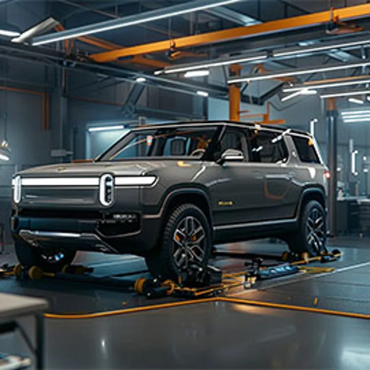 a silver gray rivian undergoing maintenance in a dealer garage