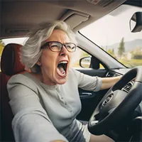 angry elderly woman inside a car
