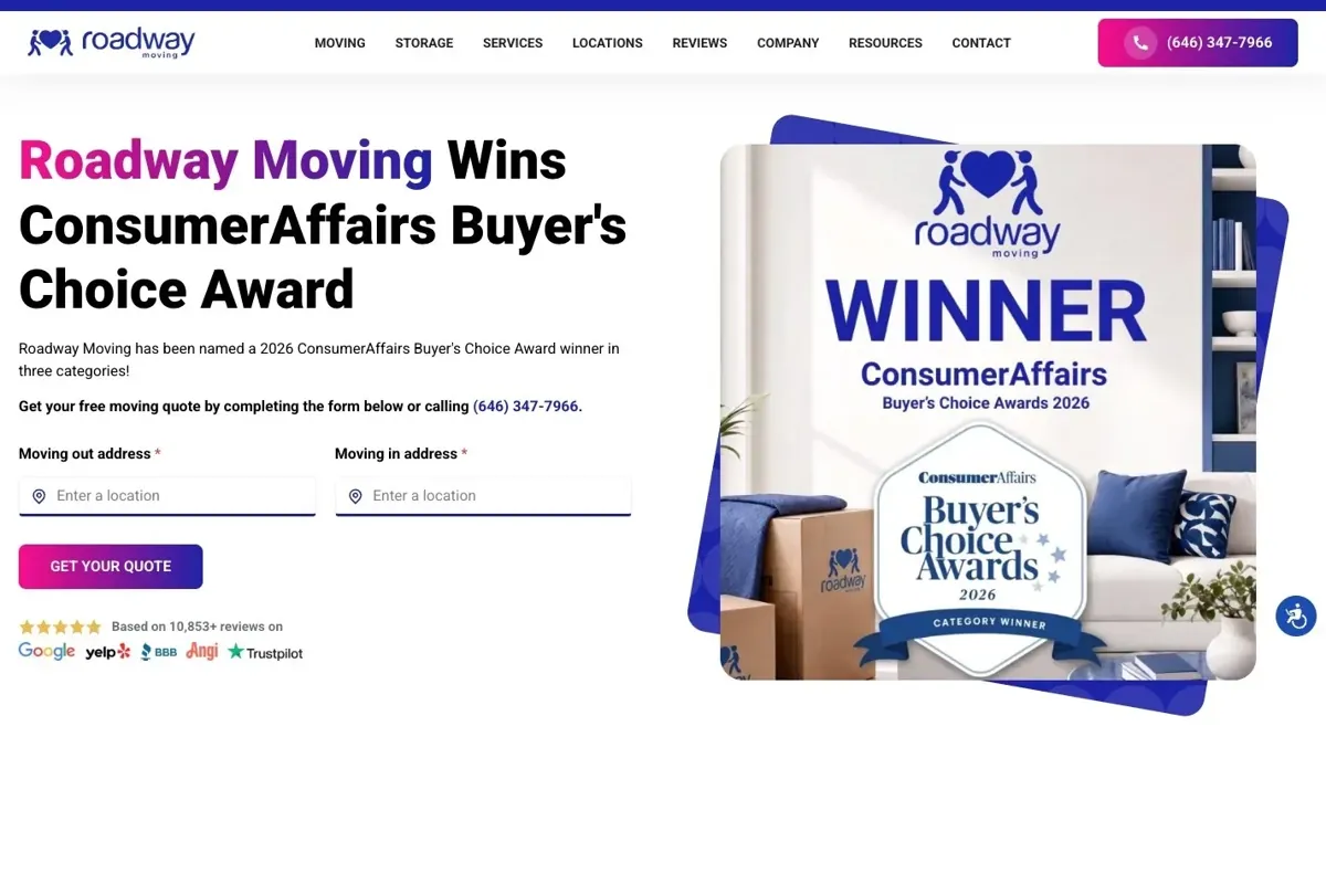 The top of Roadway Moving's landing page. The headline reads "Roadway Moving Wins ConsumerAffairs Buyer's Choice Award", with a line noting the win in three categories, a two-field free-quote form with a Get Your Quote button and a phone number, and a five-star rating based on 10,853 reviews. To the right is a ConsumerAffairs Buyer's Choice Awards 2026 winner badge over a photo of a furnished room with moving boxes.