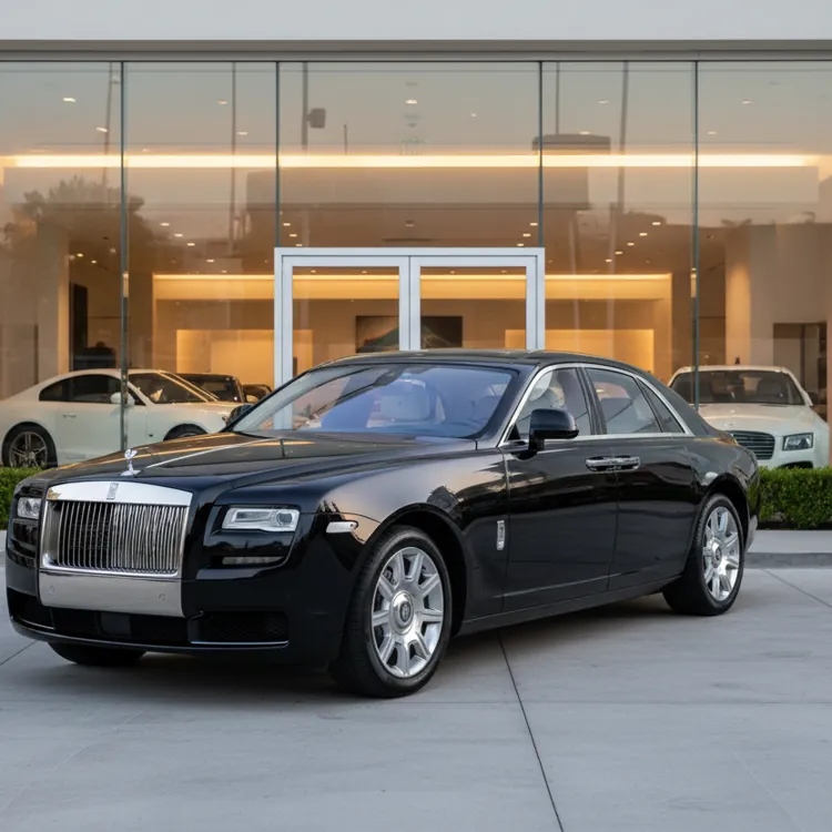 Black luxury sedan parked in front of a modern glass car dealership