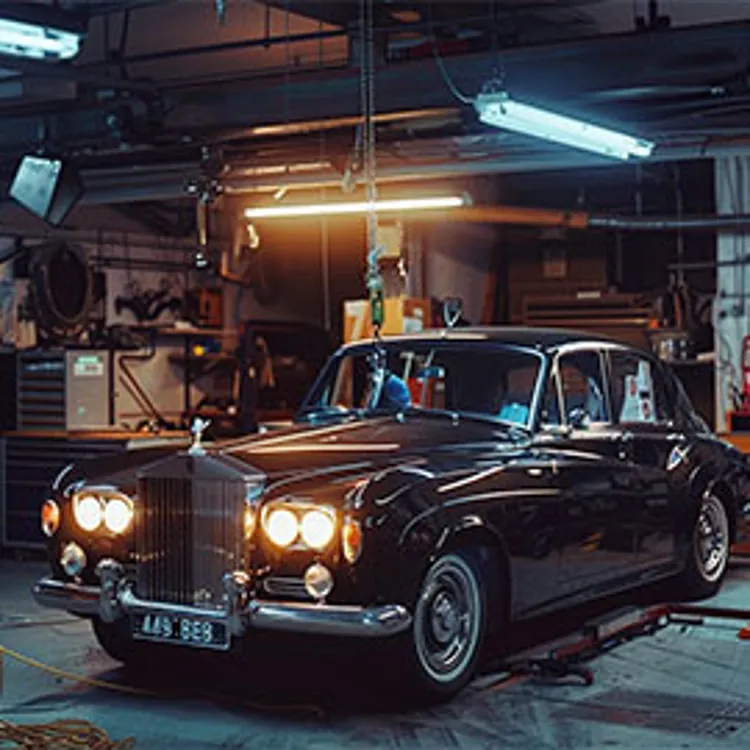 a rolls royce car parked inside a garage
