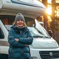 a woman standing in front of her rv