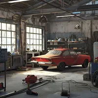 red classic car in a garage