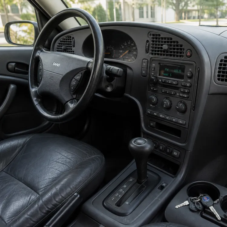 black leather car interior with steering wheel dashboard and car keys in cup holder