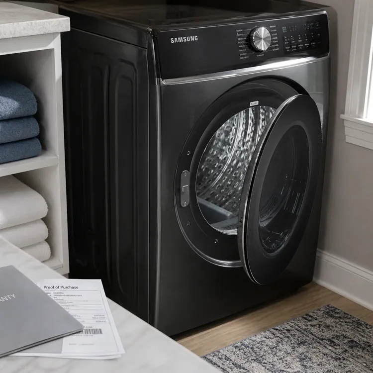 Black front load washing machine with open door next to folded towels and warranty papers