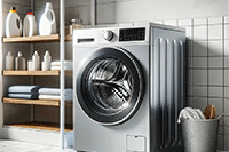 modern front-loading washing machine in a laundry room